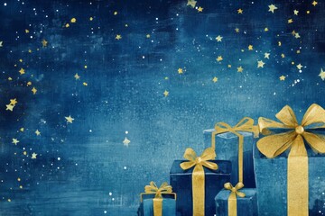 Wall Mural - Stack of Blue Gift Boxes with Golden Bows Against a Starry Night Background