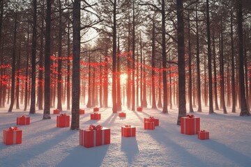 Wall Mural - Red Christmas Presents in a Snowy Forest at Sunset