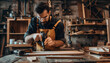 © Oleksiy - Shot of determined wood turner selecting and carrying workpieces to measure, calculate right size. using hand and power tools to cut, shape, rotate, smooth, balance wood fixtures based on requirements