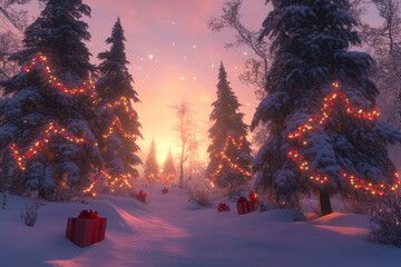 Wall Mural - Snow-Covered Forest Path Adorned with Christmas Lights and Gifts at Sunset