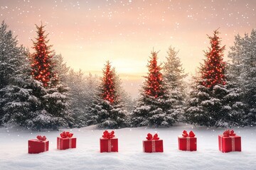 Wall Mural - Five Red Gift Boxes Under Christmas Trees in a Snowy Forest at Sunset