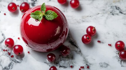 Poster - Red currant mousse dome with a glossy finish, on a marble background, with small currants and a sprig of mint