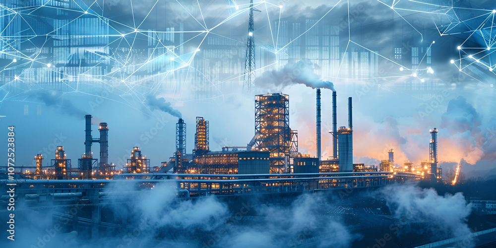 Industrial Factory at Night with Digital Network Overlay, Smart ...
