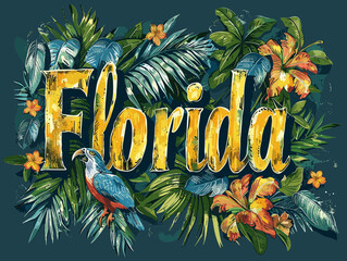 Wall Mural - Colorful poster of Florida with a tropical theme. The poster is full of leaves and flowers and the word Florida is written in a fancy font