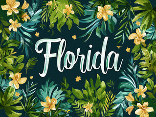 Wall Mural - Colorful poster of Florida with a tropical theme. The poster is full of leaves and flowers and the word Florida is written in a fancy font