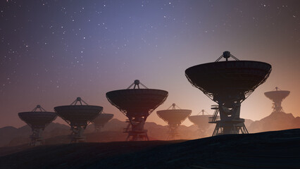 Wall Mural - array of radiotelescopes for scientific research and observation of space. 3d rendered illustration.