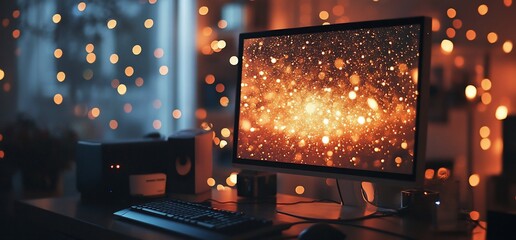 A modern computer desktop with a bokeh background on the screen, surrounded by warm lights.
