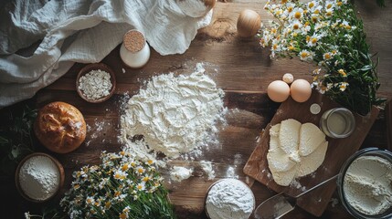 Wall Mural - Rustic baking ingredients on wooden table with flowers