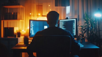 A wide angle back view of a man operating a computer in a home office with a copy area and a modern, tech-filled interior
