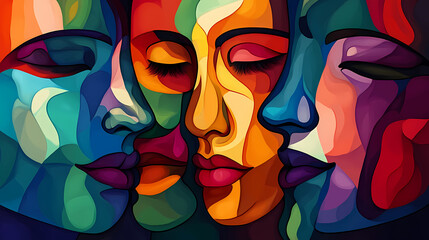 Wall Mural - Abstract faces illustration in vibrant colors, cubism style collage for wallpaper, background design, art print. generative ai. abstract cubism. illustration. Vibrant. Illustration