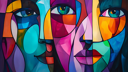 Poster - Abstract faces illustration in vibrant colors, cubism style collage for wallpaper, background design, art print. generative ai. abstract cubism. illustration. Vibrant. Illustration