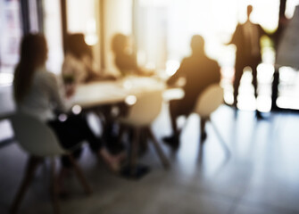 Aufkleber - Presentation, blur and learning with business people in meeting for financial, speaker and company valuation. Investment report, asset management and budget portfolio with employees in office