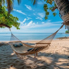 Canvas Print - Empty Hammock on Beach, Paradise Island, Relax Vacation, Abstract Generative AI Illustration