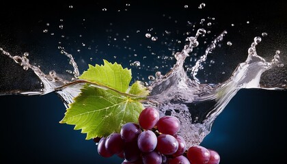 a cluster of grapes falling into a splash of water with leaves and droplets adding to the dynamic scene