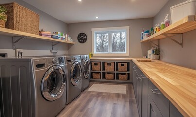 Wall Mural - Modern laundry room with white trim, wood shelves, and wood countertops.