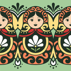 Matryoshka. Russian traditional doll. Decorative pattern element. Seamless texture. Vector illustration. 