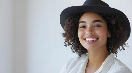 Portrait of a young woman smiling in a hat, with natural light capturing her joyful expression and individuality in a casual and stylish setting