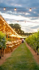 Poster - Outdoor vineyard dinner with string lights creates a magical evening ambiance, AI