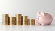 © BG_Illustrations - Pink piggy bank with growing coin stacks, symbolizing financial savings