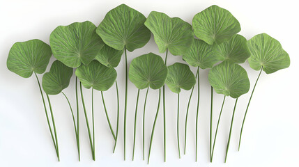 Wall Mural - a group of green leaves with stems arranged in a row on a white background.