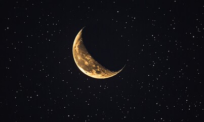 Wall Mural - A crescent moon shines brightly in a dark night sky, surrounded by a field of twinkling stars.