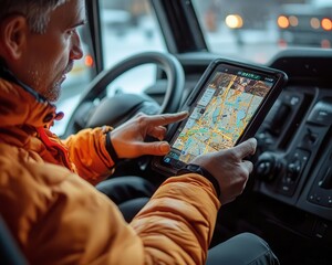 A shot of drivers checking logistics apps for delivery routes, Route Planning, Modern and focused
