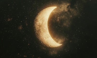Wall Mural - A crescent moon shines brightly in the night sky, surrounded by a sparkling field of stars.