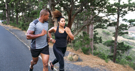 Poster - Couple, runner and road in forest with training, speed and outdoor with progress, fitness and wellness. Woman, man and partnership with workout, exercise and challenge with teamwork in Costa Rica