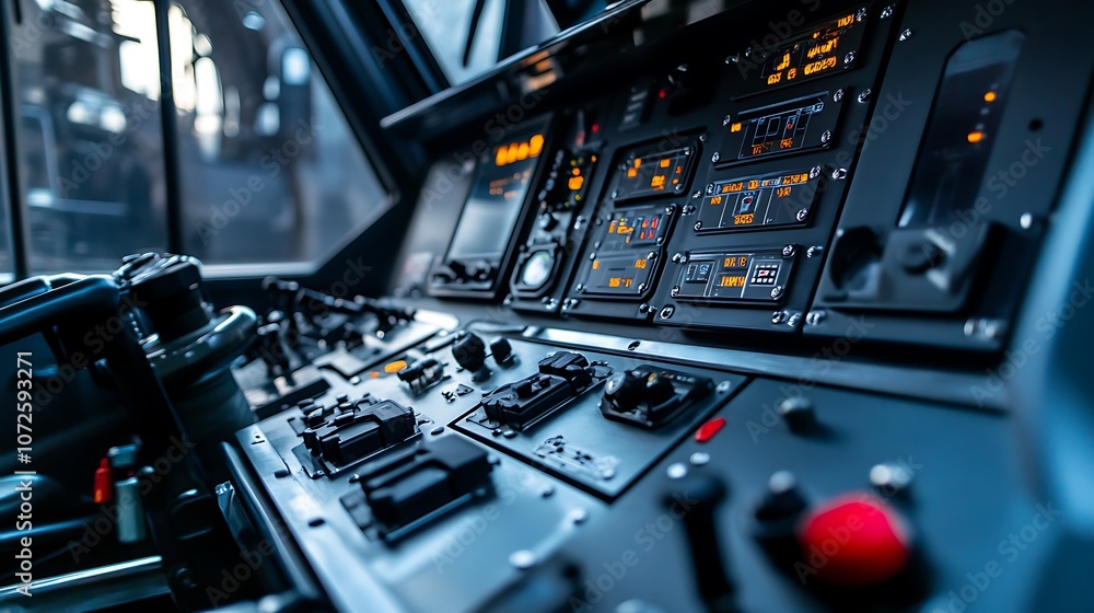 Vehicle Control Point Console Detailed view of a control panel in a transport vehicle, showcasing ...