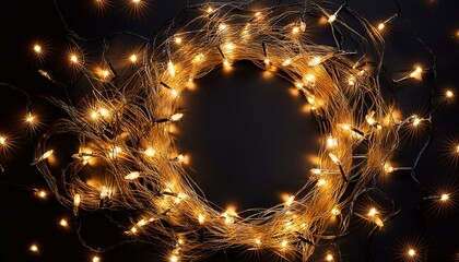 Wall Mural - christmas lights garland circular border over black background flat lay copy space