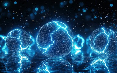 Wall Mural - blue glowing spheres with electric patterns reflecting on a dark surface in a futuristic digital lan