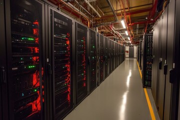 Wall Mural - server room corridor with blinking lights in data center