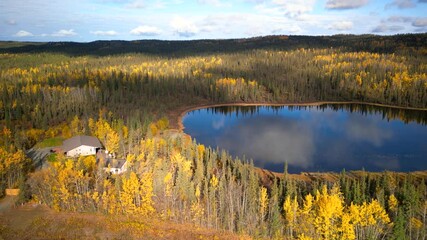 Wall Mural - aerial panoramic view of scenic pond recreation area in alaska.
