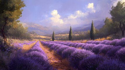 Wall Mural - A field of lavender swaying gently in the breeze under a blue sky.