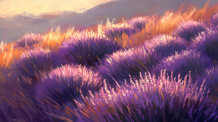Wall Mural - A field of lavender swaying gently in the breeze under a blue sky.