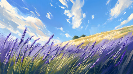 Wall Mural - A field of lavender swaying gently in the breeze under a blue sky.