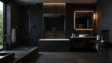 Contemporary modern bathroom interior in dark black colors