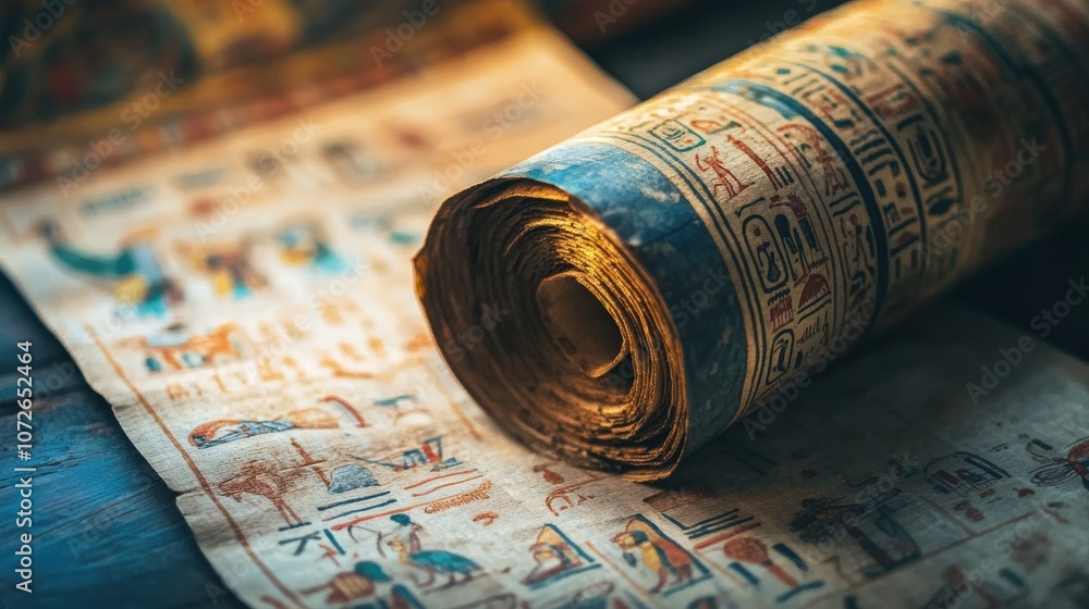 Close-Up of Ancient Egyptian Papyrus Scroll with Hieroglyphic Text and ...