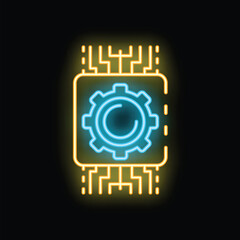 Wall Mural - glowing neon icon of a gear and motherboard representing the process of machine learning