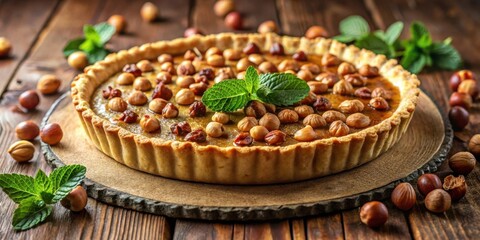 Wall Mural - Hazelnut and Caramel Tart with a Garnish of Fresh Mint on a Rustic Wooden Table