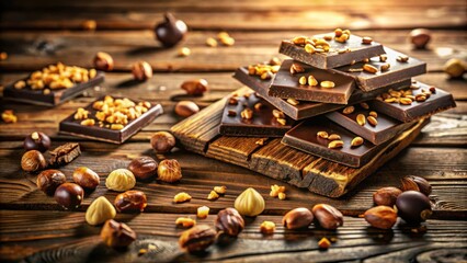 Poster - A rustic wooden table adorned with a stack of dark chocolate bars studded with roasted nuts, surrounded by a scattering of whole nuts and broken pieces of chocolate.