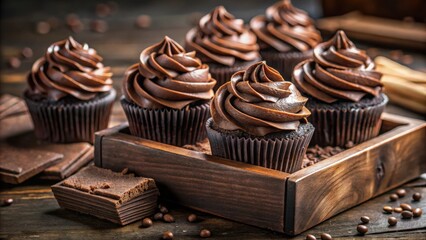 Poster - Chocolate Cupcakes with Swirls of Rich Frosting and Cocoa Beans on a Rustic Wooden Tray