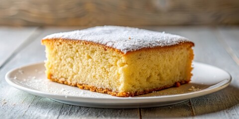 Wall Mural - A single slice of freshly baked cake dusted with powdered sugar, resting on a white plate on a wooden table