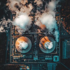 Poster - Cooling towers emit steam from an aerial view, illustrating industrial energy production.