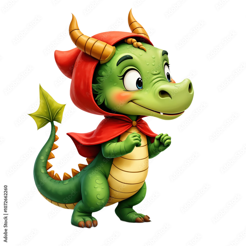 Cute green dragon wearing red riding hood. Fantasy character, new year ...