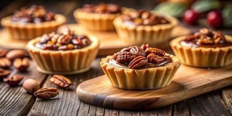 Poster - Gourmet Pecan Pie Tarts on a Rustic Wooden Board, A Delightful Treat for Any Occasion