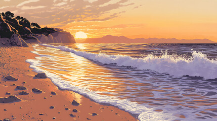 Wall Mural - A quiet beach with soft waves lapping at the shore during sunset.