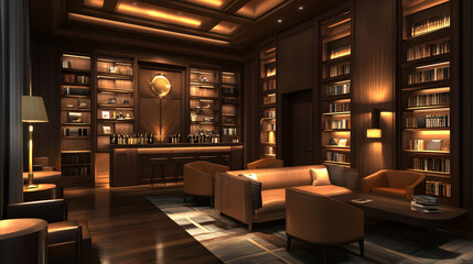 Wall Mural - A quiet library with warm lighting and cozy reading nooks, inviting reflection.