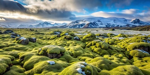 Wall Mural - Snow-covered Eldhraun lava fields landscape in Iceland with vibrant green moss , Iceland, Eldhraun, lava fields, landscape