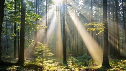Wall Mural - sunlight filters through fog in lush forest, creating magical, serene atmosphere. morning mist adds 